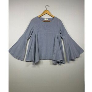 Coastal Boho JCL Women M Blue White Striped Bell Sleeve Peplum Blouse Top